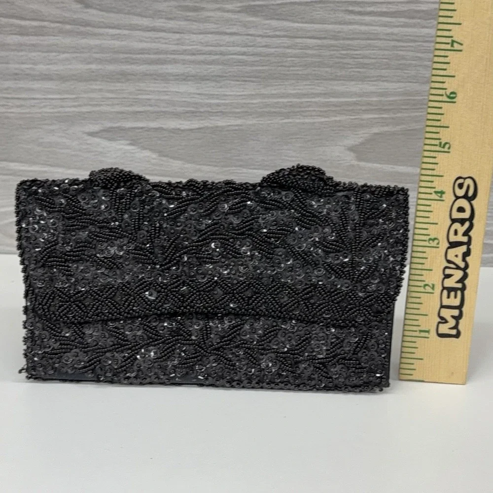 Vintage 1950s Black Beaded Sequin Evening Bag Clutch Purse Handmade‎ Hong Kong